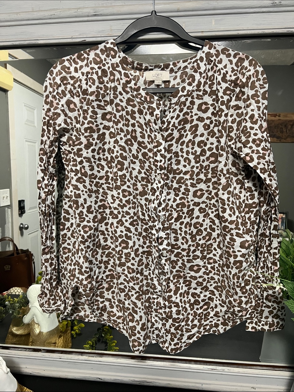 LOFT Brown and White Leopard-Print Long Sleeve Blouse